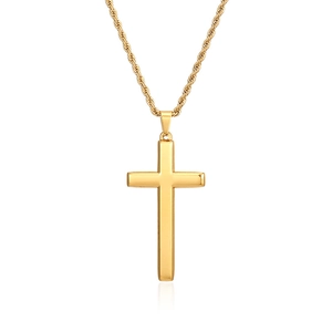 Golden stainless steel cross pendant necklace with a twisted rope chain on white background