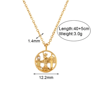 Minimalist golden world city pendant necklace with Statue of Liberty icon for women