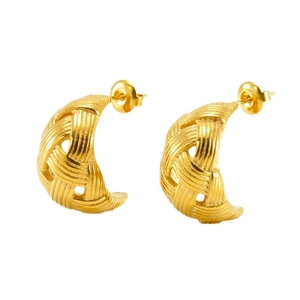 Chic 18K gold plated mesh woven stainless steel C-shaped stud earrings for women