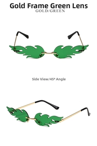 Frameless green flame sunglasses with gold metal frame showing front and side views