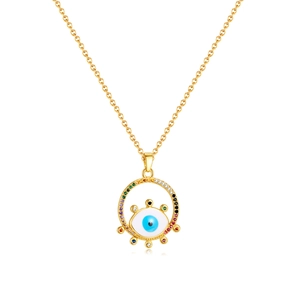 Elegant gold Evil Eye necklace featuring a hollow pendant set with multicolor zircons