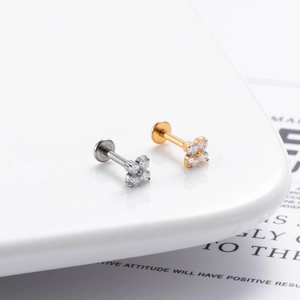 G23 titanium push-pin labret studs with zircon flower design in gold and silver finish