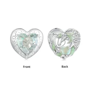 925 silver heart charm with faceted green stone and unicorn engraving on back