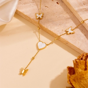 Elegant Butterfly Heart Pendant Necklace Gold Plated Stainless Steel With Mother Of Artificial Pearl Shell Y-Shaped Clavicle Chain Women