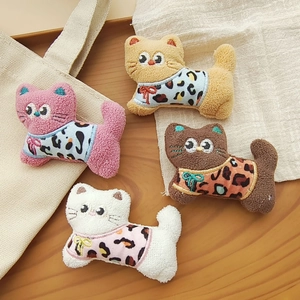 Cute leopard print plush cat doll brooches in pink, beige, brown and white colors