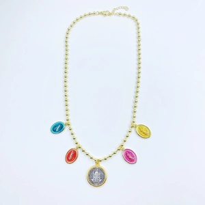 Gold beaded necklace featuring colorful religious medallions with saint embossed details