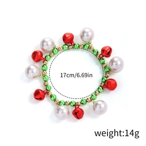 Festive Christmas bracelet with red bells, white pearls and green beads, length 17cm