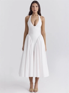 French style white halter dress with deep V-neck and pleated waist for an elegant silhouette