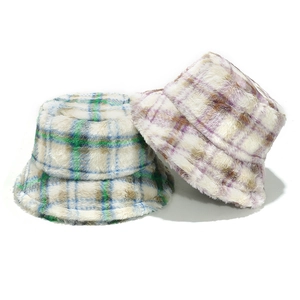 Women Fluffy Bucket Hat Faux Fur Plaid Thick Warm Winter Autumn Retro British Chic Plush Sun Basin Hat