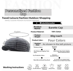 Detailed size chart for the black and white plaid cotton newsboy cap for women