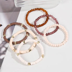 Detail of 6pcs colorful polymer clay and crystal beaded bracelets in bohemian style