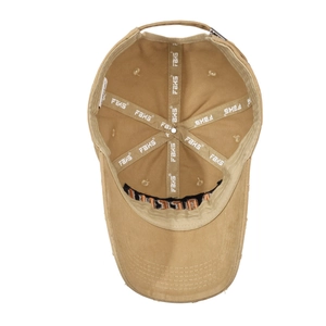 Distressed khaki cotton baseball cap with embroidered lettering and vintage details