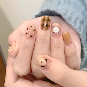 Press On Nails Short Square Cartoon Dog Plaid Cappuccino Brown Glossy Resin Manicure Decoration For Women