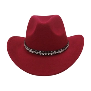 Close-up of sparkling rhinestone band on dark red felt cowboy hat with wide brim