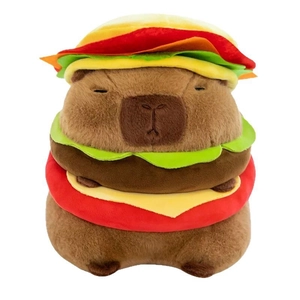 Cute Capybara burger plush toy featuring soft brown fur and colorful layered fabric