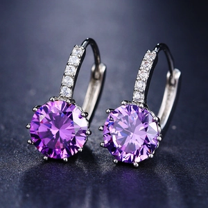 Elegant silver hoop earrings featuring round purple zircon gemstones and white cubic zirconia