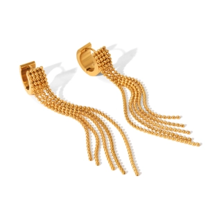 Golden stainless steel bead chain tassel earrings with luxury hoop design on white background