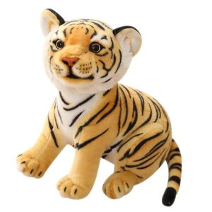 Cute cartoon plush tiger doll skin in yellow with black stripes on white background