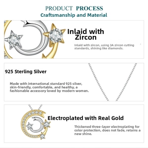 Detail of 925 sterling silver star and moon necklace with 3A cubic zirconia stones