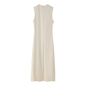 Elegante abito midi senza maniche in misto lino beige con cerniera posteriore lunga
