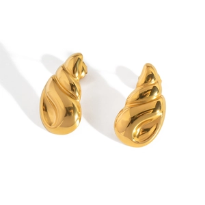 Detailed view of glossy gold conch-style earrings with a twisted metallic texture