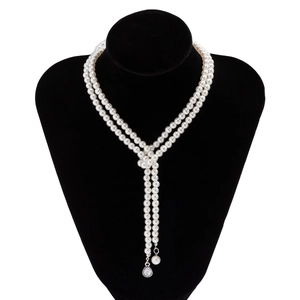 Elegant double-layer pearl necklace with teardrop gemstone and Y-shaped fringe design