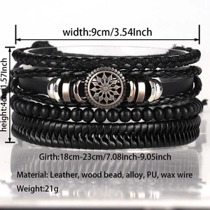 Detailed spec view of black multi-layer leather and wood bead bracelet set with dimensions