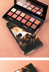 Detail of 12-color eyeshadow palette with dog illustration and shimmering textures