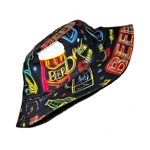 Double-sided beer print bucket hat in black with colorful neon design for sun protection
