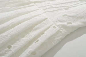 Vue macro détaillée du tissu à broderie anglaise blanche avec motifs floraux fins