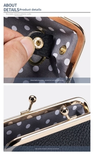 Detail of black pebbled leather coin purse with detachable gold keychain and polka dot lining
