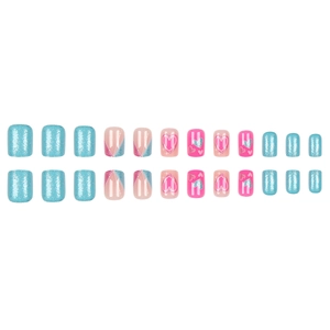Pink and blue glitter press-on nails with heart designs and geometric French lines
