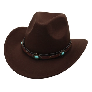 Detail of dark brown wool cowboy hat with leather band and turquoise studs