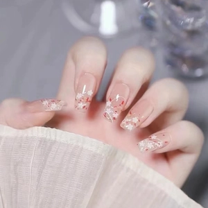 Long Coffin Press On Nails Translucent Pink White Floral Design Glitter Flakes Detachable Wearable Artificial Nails