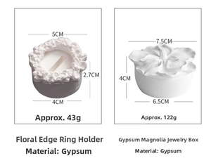 White gypsum jewelry display set with magnolia box and ruffled ring holder dimensions