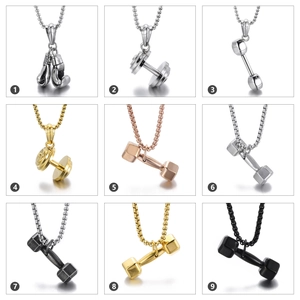 Set of 9 stainless steel fitness necklaces featuring boxing gloves and dumbbell pendants