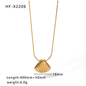 Detailed view of golden shell pendant and snake chain with 18mm width and weight info