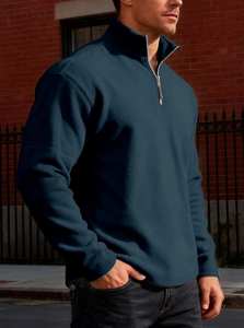 Detail of navy blue fleece sweatshirt showing high neck silver zipper and fabric texture