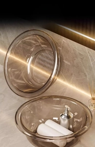 Detail view of thick transparent brown washbasins with premium ribbed texture design