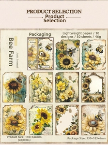 Detailed grid of vintage sunflower bee collage paper for scrapbooking and journaling