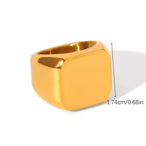 Detailed view of polished gold signet ring measuring 1.74cm in face height