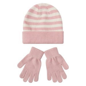 Cozy pink and white striped kids winter beanie hat and matching knit gloves set