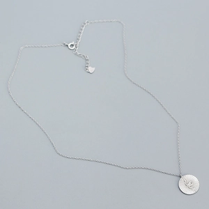 Minimalist S925 sterling silver snake pendant necklace with a round coin on grey background