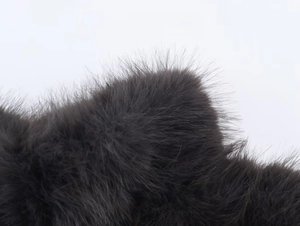 Detailed close-up of dark grey faux fur texture showing fine fibers and soft synthetic material