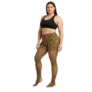 Collants léopard taille haute en matière élastique présentés par un mannequin sur fond blanc