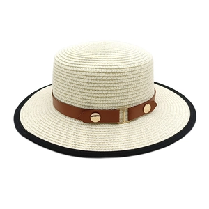 Classic cream woven boater hat with brown leather band and gold stud detailing