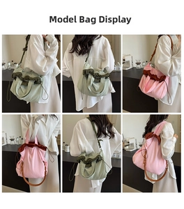 Modella che indossa borsa a secchiello in nylon a pieghe verde e rosa, vista multi-angolo