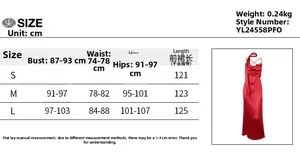 Size chart for the elegant satin slip dress showing S, M, and L measurements in cm