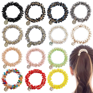 Elastic crystal bead hair ties in 13 colors for ponytails with small metal pendants