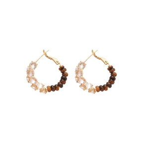 18k gold plated hoop earrings with sparkling cubic zirconia and brown tiger eye beads